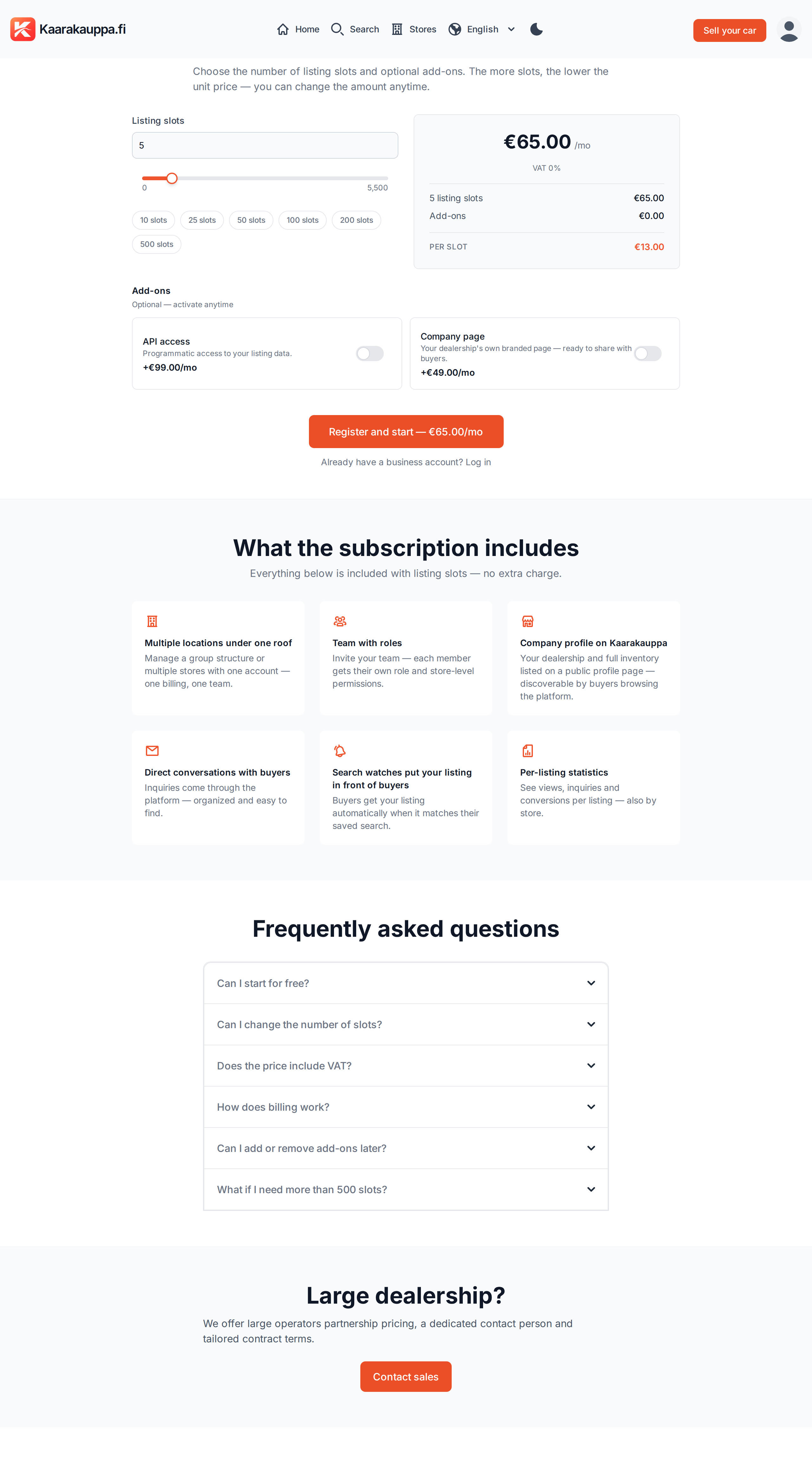Business page with the pricing calculator