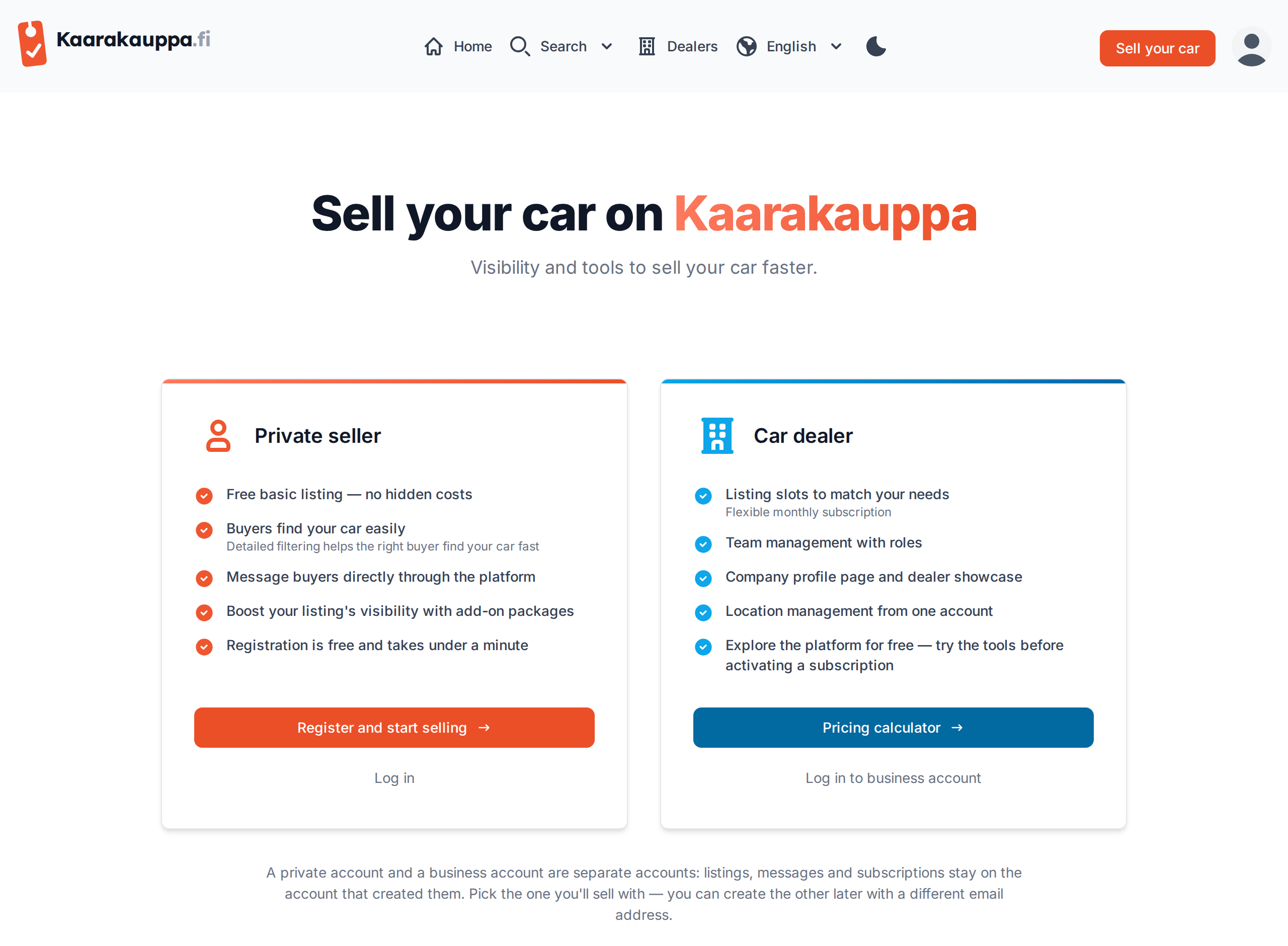 Account-type choice: private seller and dealer cards side by side