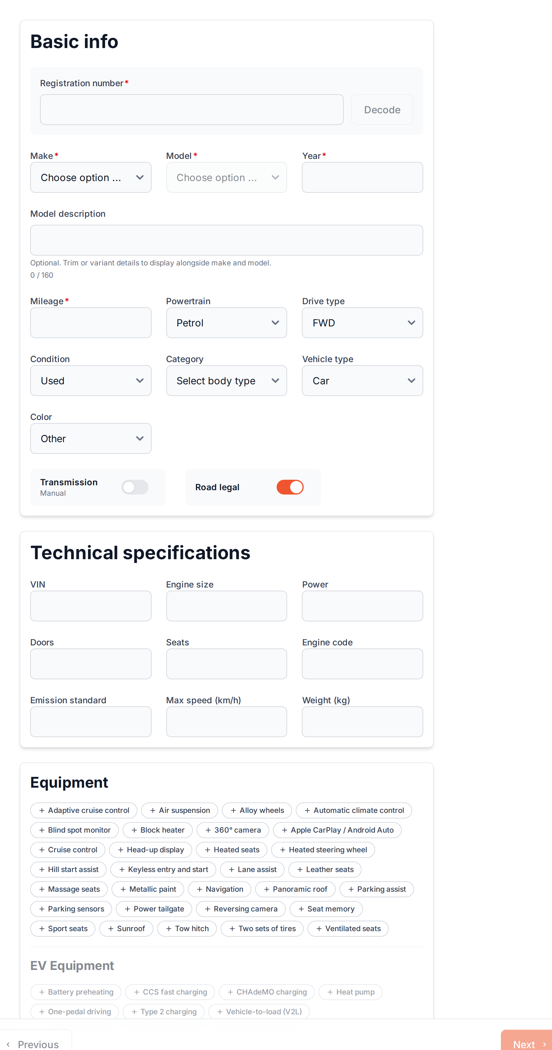 Vehicle details form showing registration decode and basic fields