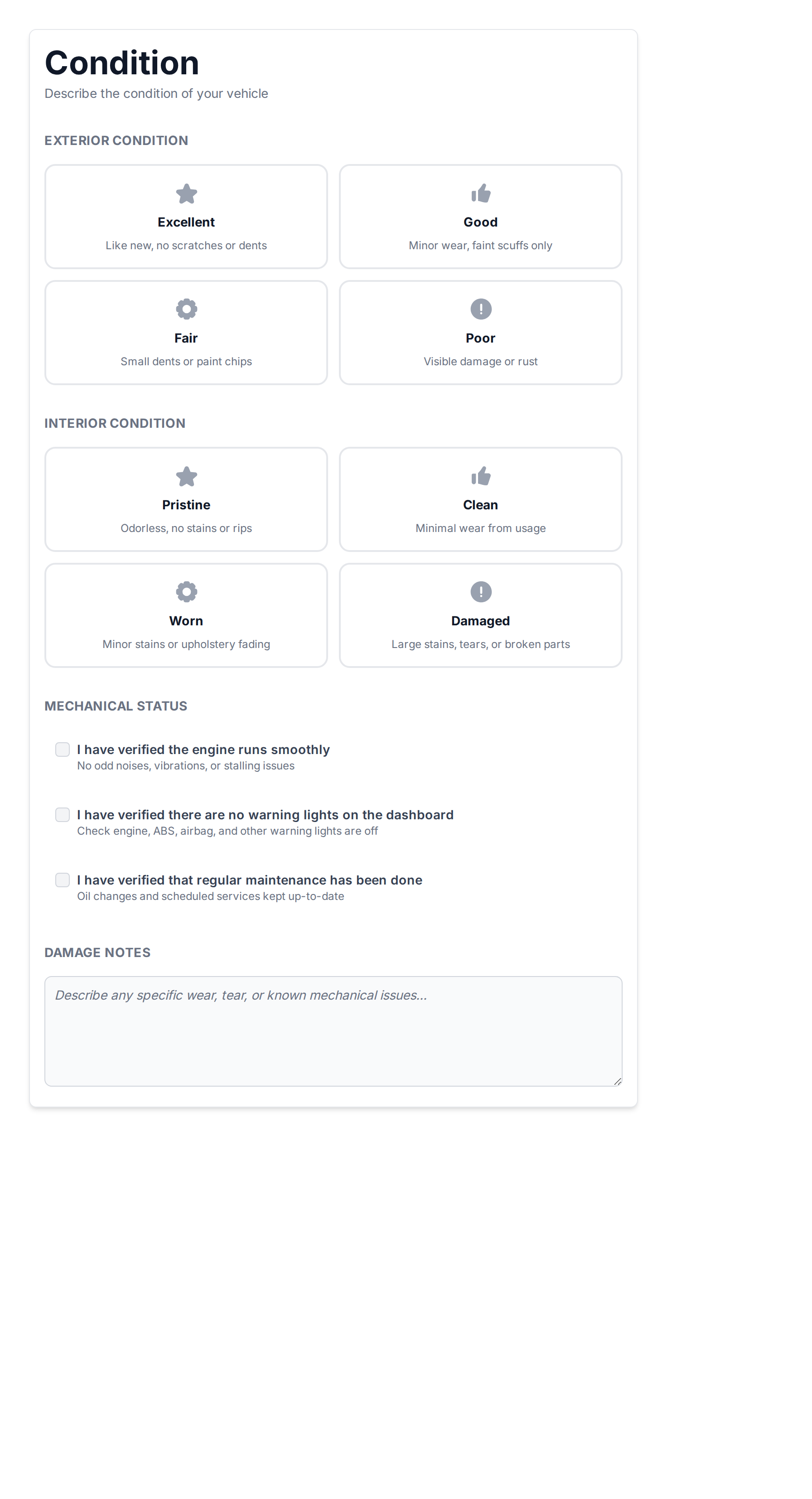 Condition form with exterior and interior condition selectors