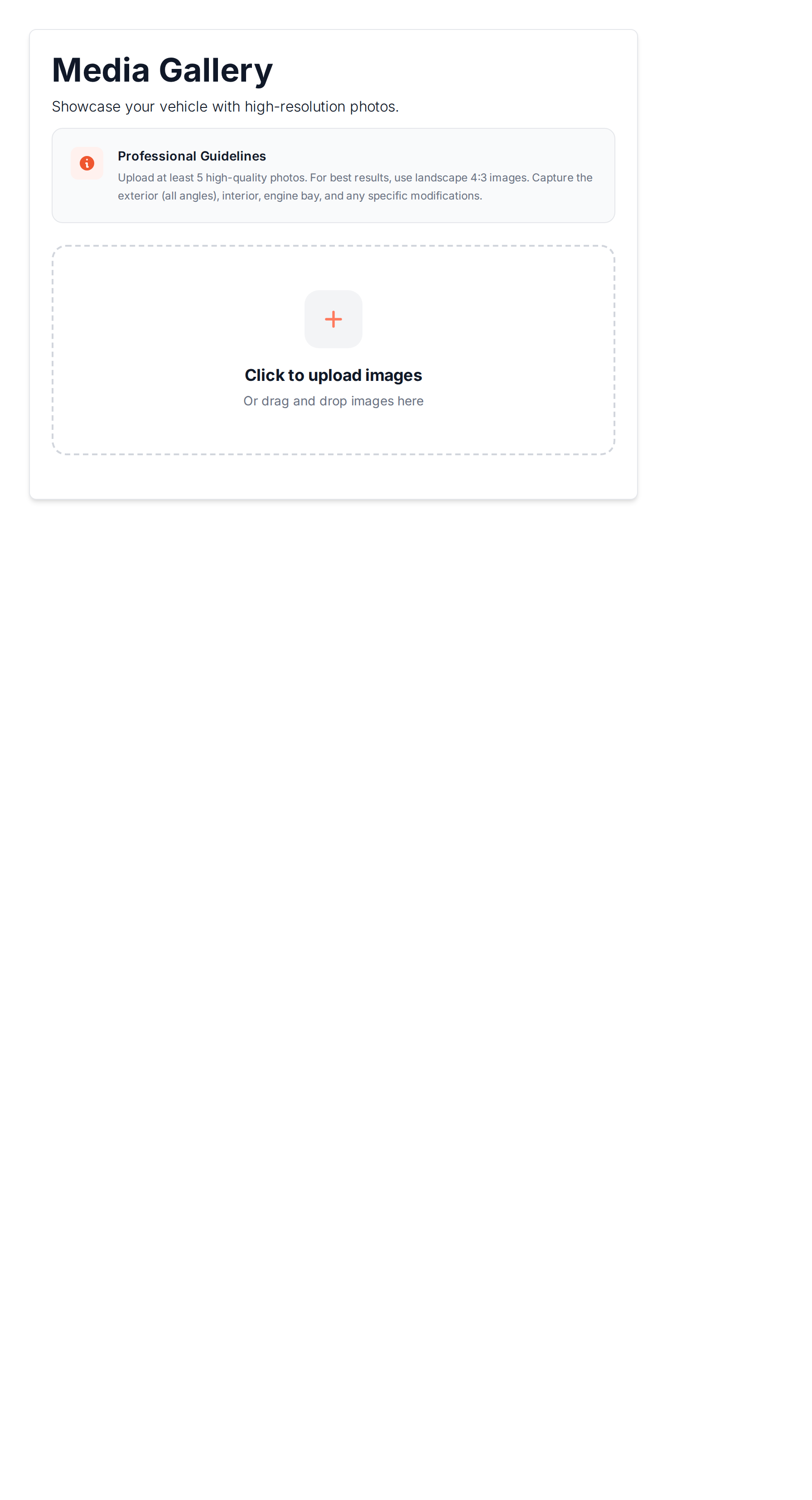 Media gallery with drag-and-drop upload area