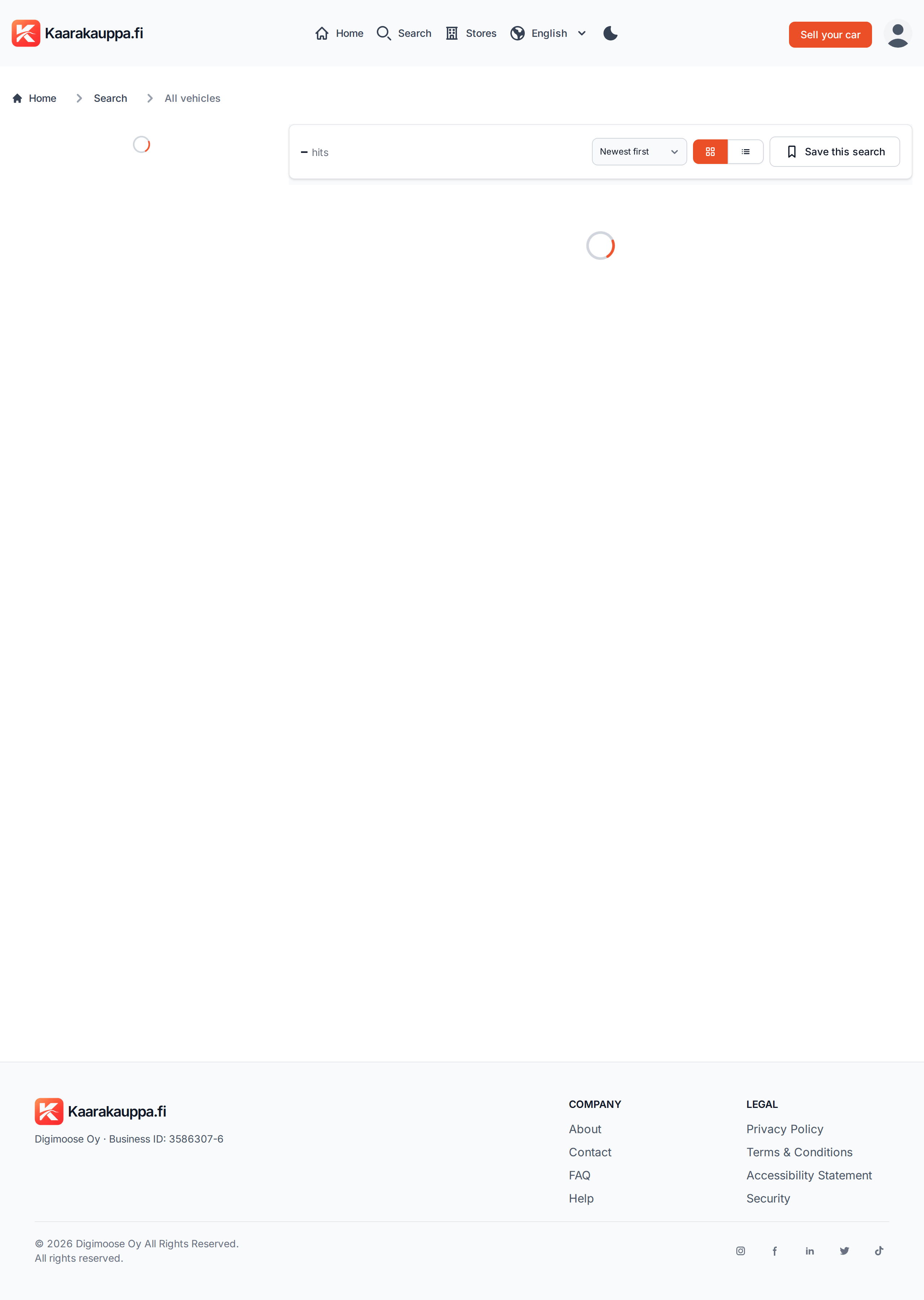 Kaarakauppa search page with filter panel and results