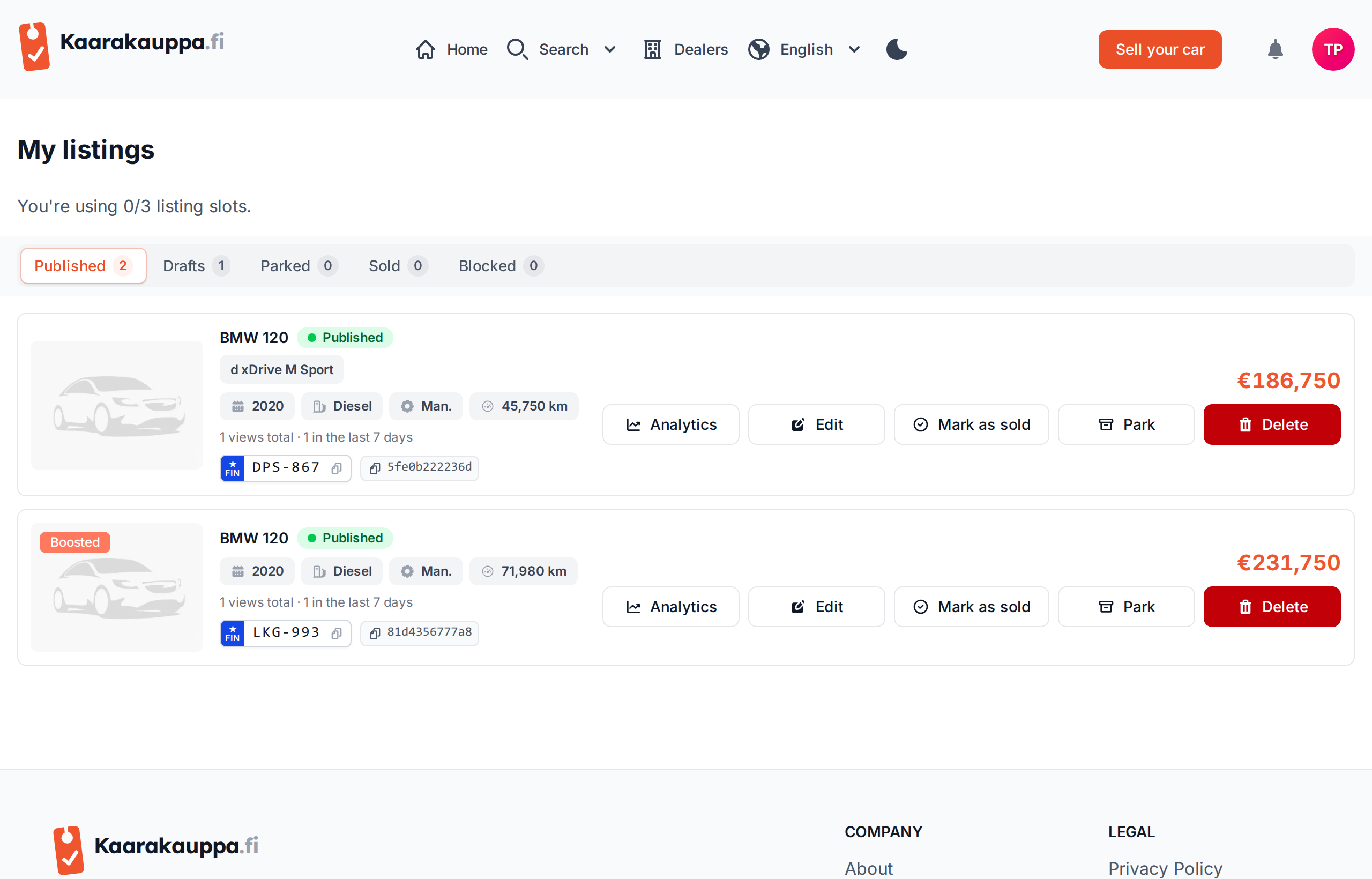 Listings page showing the status tabs