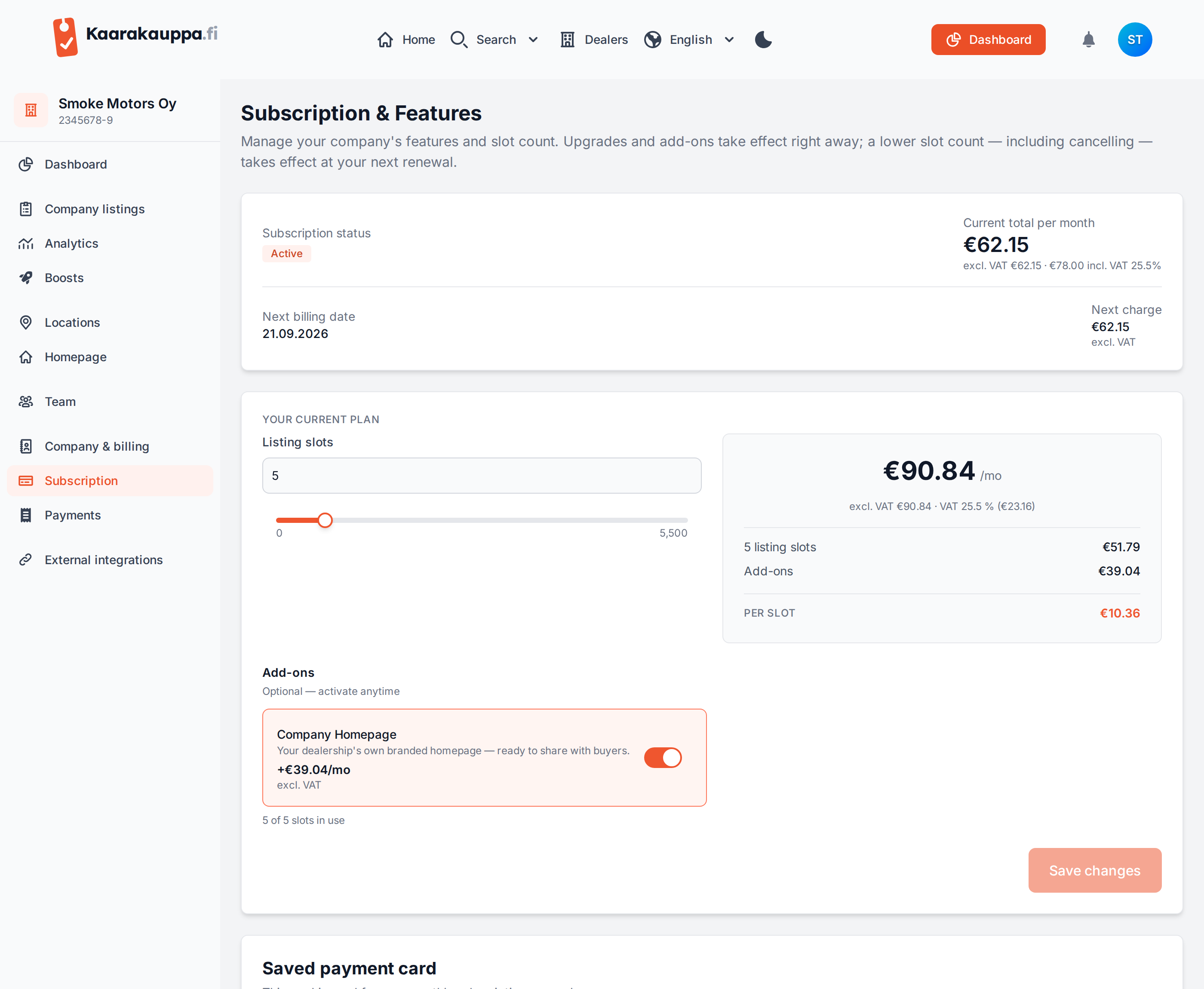 Subscription page in the company dashboard