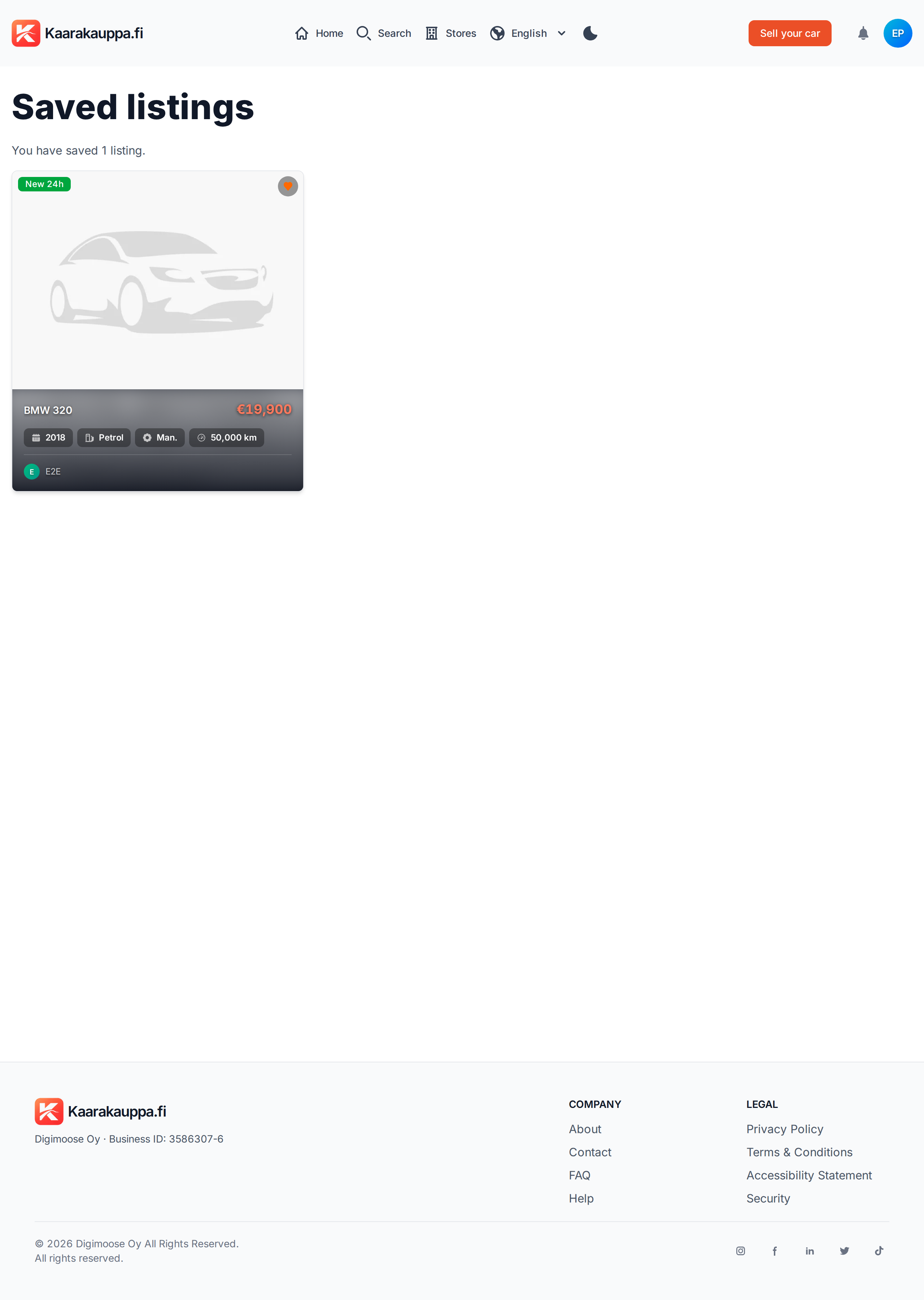 Saved listings page showing saved listings as cards