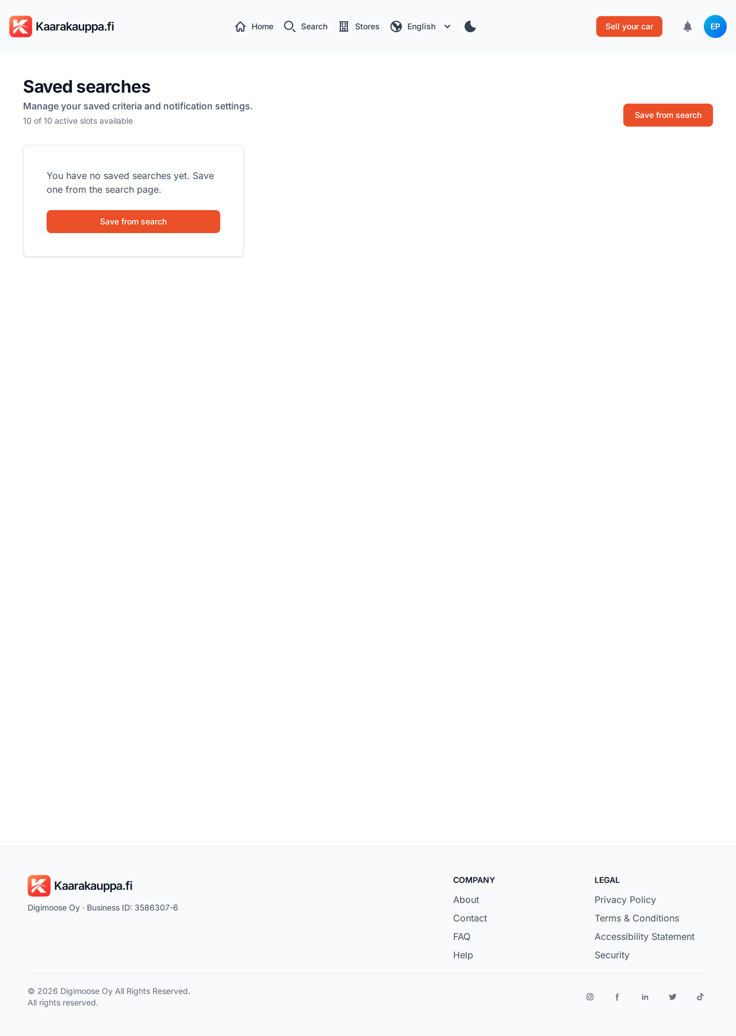 The Saved searches page with no watches yet — this is where you manage all your watches