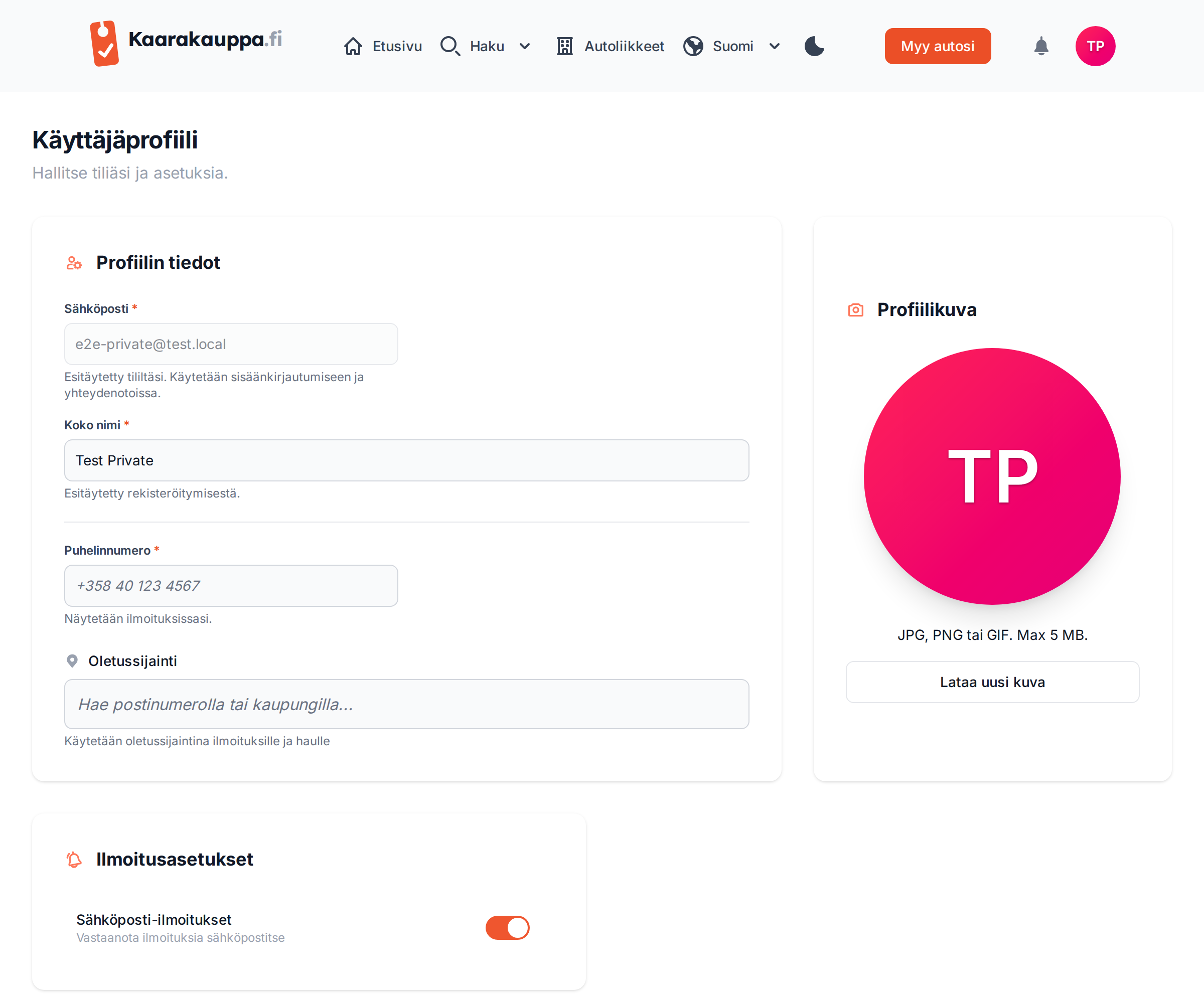 Profiilisivun asetuslomake kenttineen ja profiilikuvan latausalue